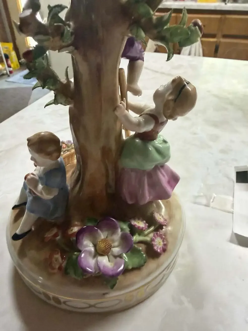 Von Schierholz German Porcelain Figural Compote Candlestick Apple Harvesters